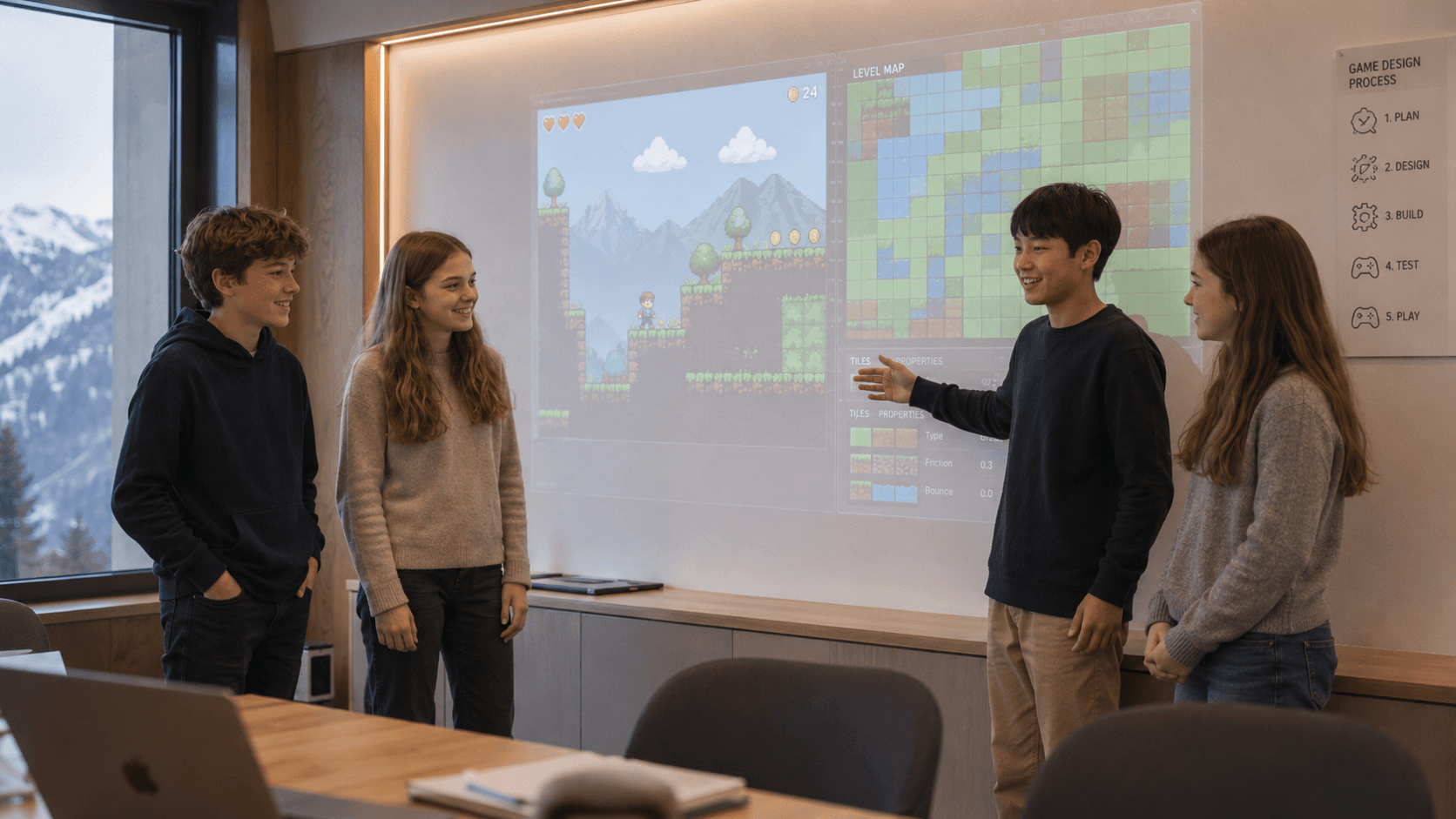 Students presenting a game project to the group