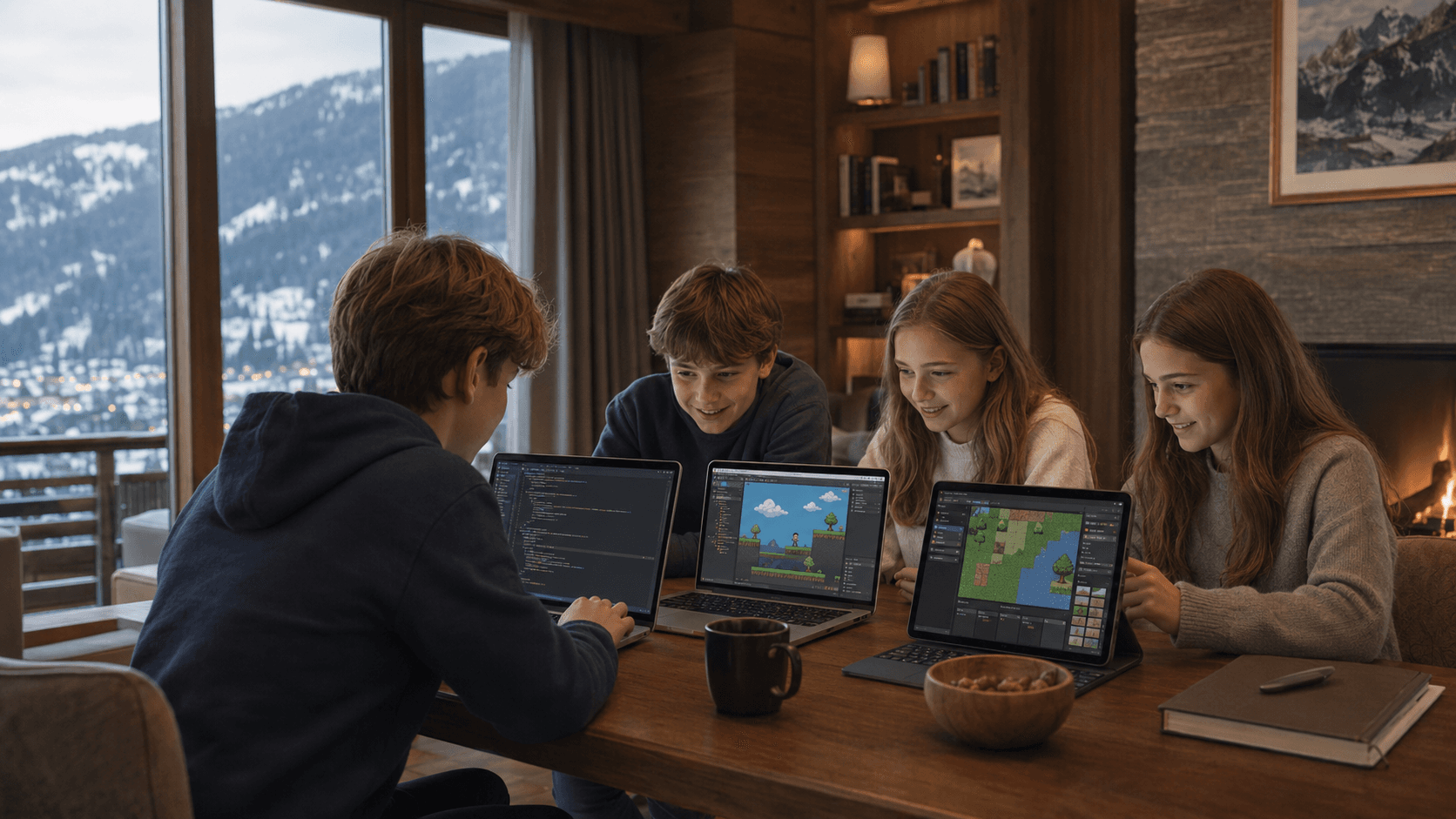 Students presenting a self-built video game in a mountain workshop room