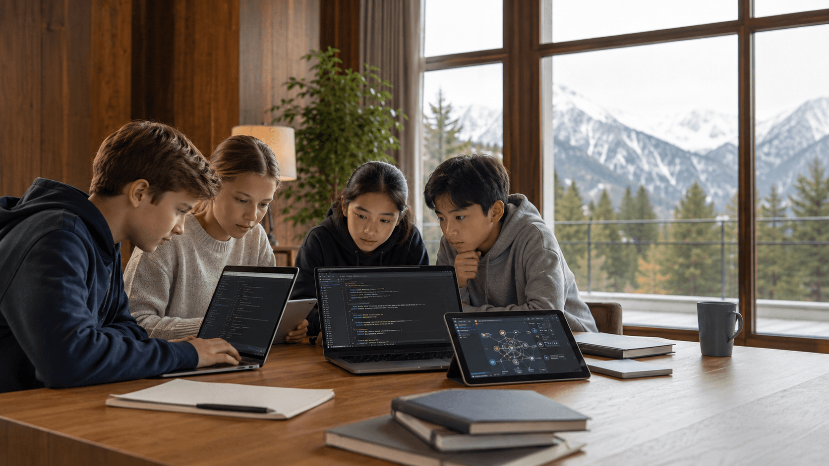 Students building a web project together at a table in the mountains